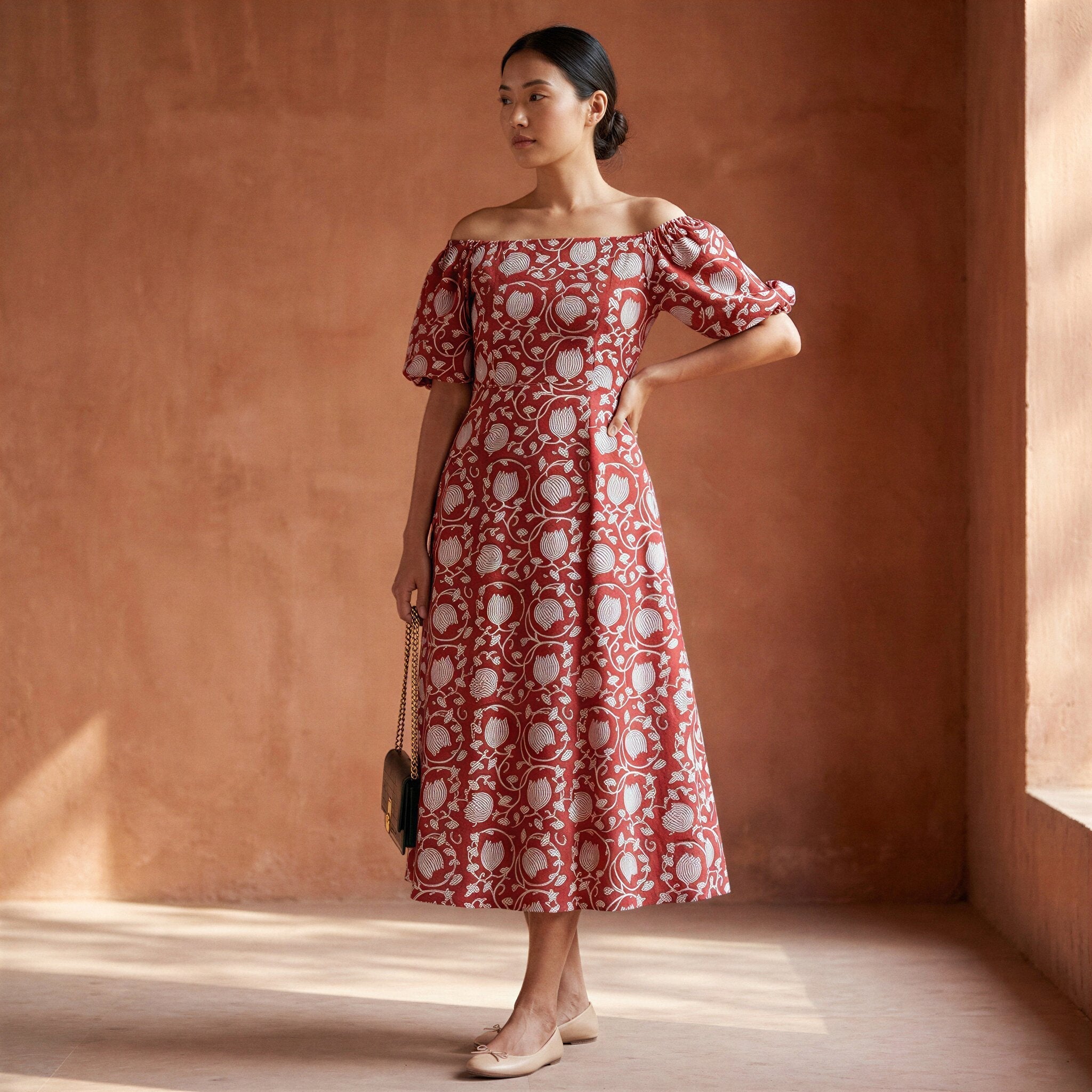 Red Floral Block Print Cotton Puff Sleeves Off-Shoulder Midi Dress