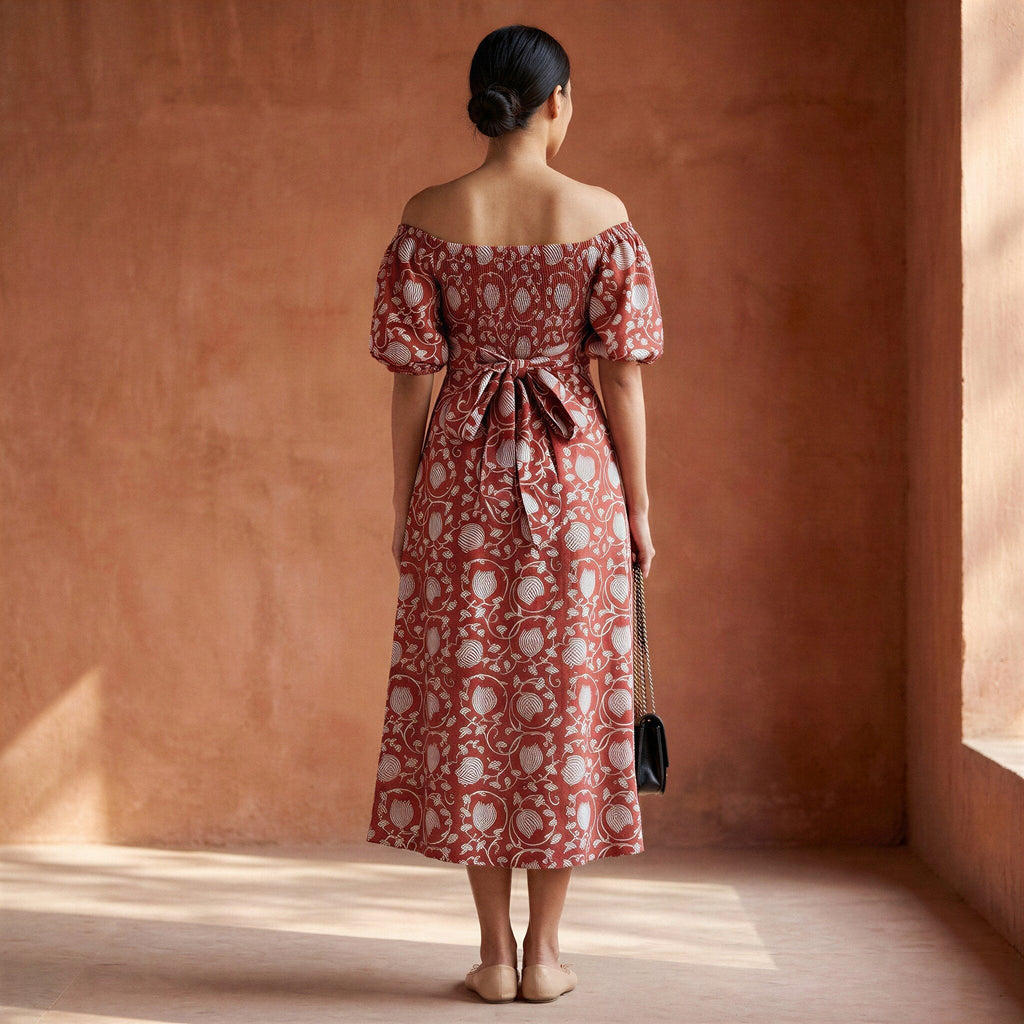 Red Floral Block Print Cotton Puff Sleeves Off-Shoulder Midi Dress