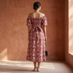 Red Floral Block Print Cotton Puff Sleeves Off-Shoulder Midi Dress