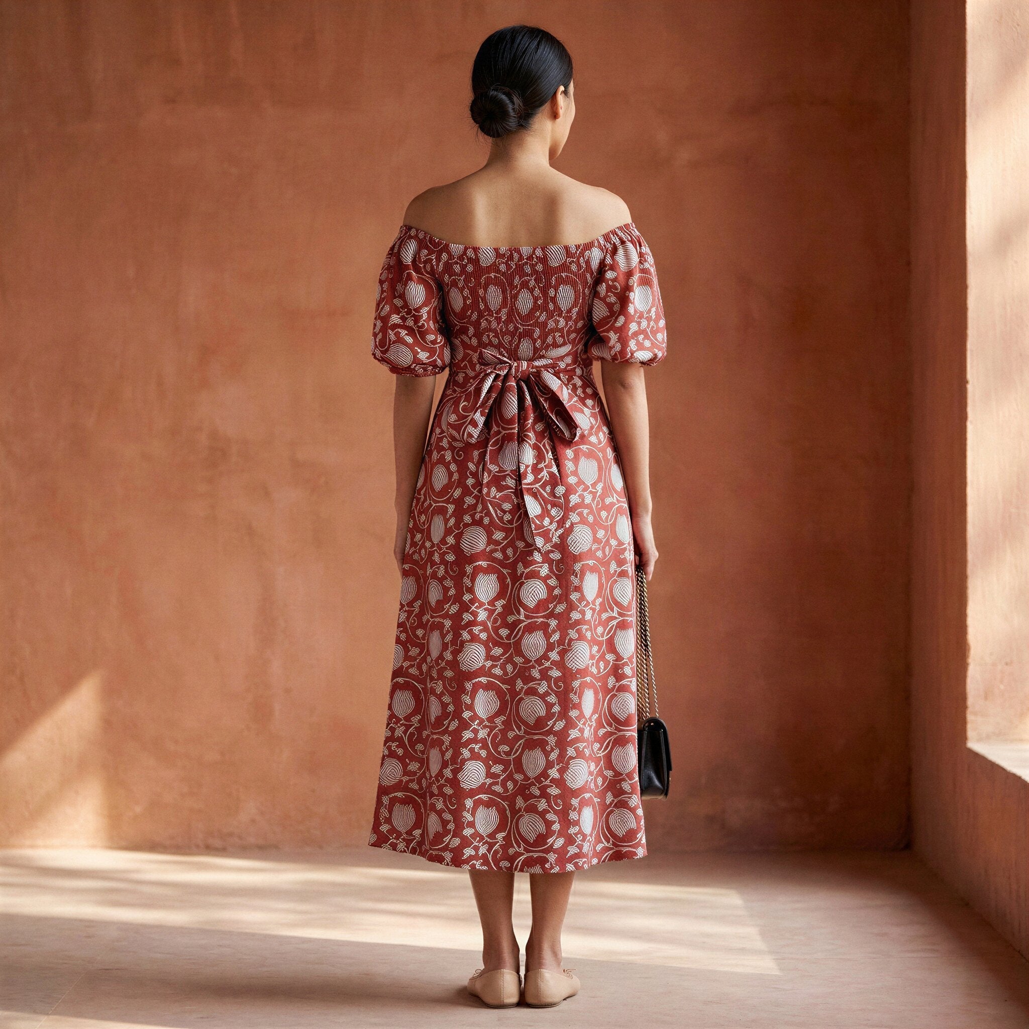Red Floral Block Print Cotton Puff Sleeves Off-Shoulder Midi Dress