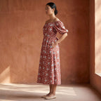 Red Floral Block Print Cotton Puff Sleeves Off-Shoulder Midi Dress