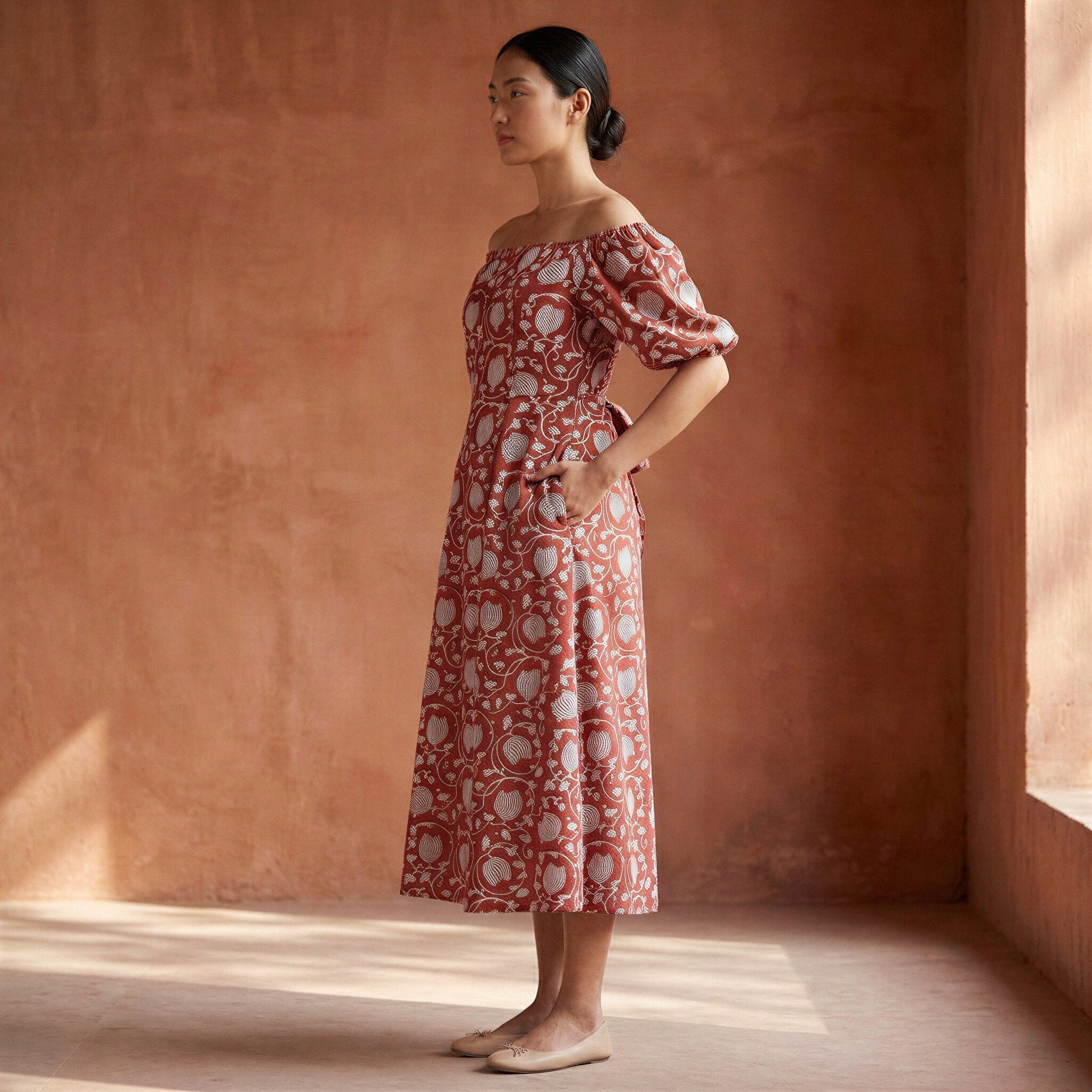 Red Floral Block Print Cotton Puff Sleeves Off-Shoulder Midi Dress