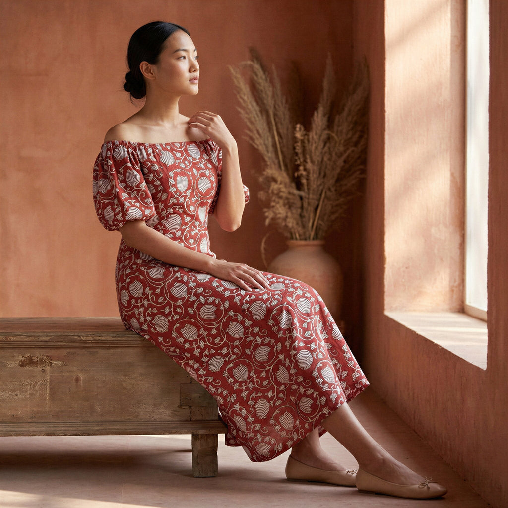 Red Floral Block Print Cotton Puff Sleeves Off-Shoulder Midi Dress