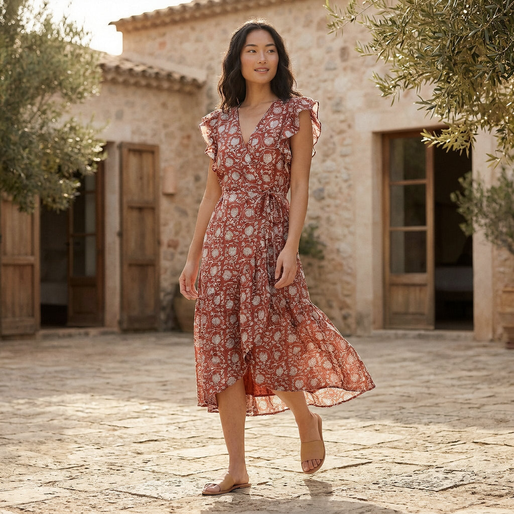 Red Floral Block Print Cotton Ruffle Midi Wrap Dress