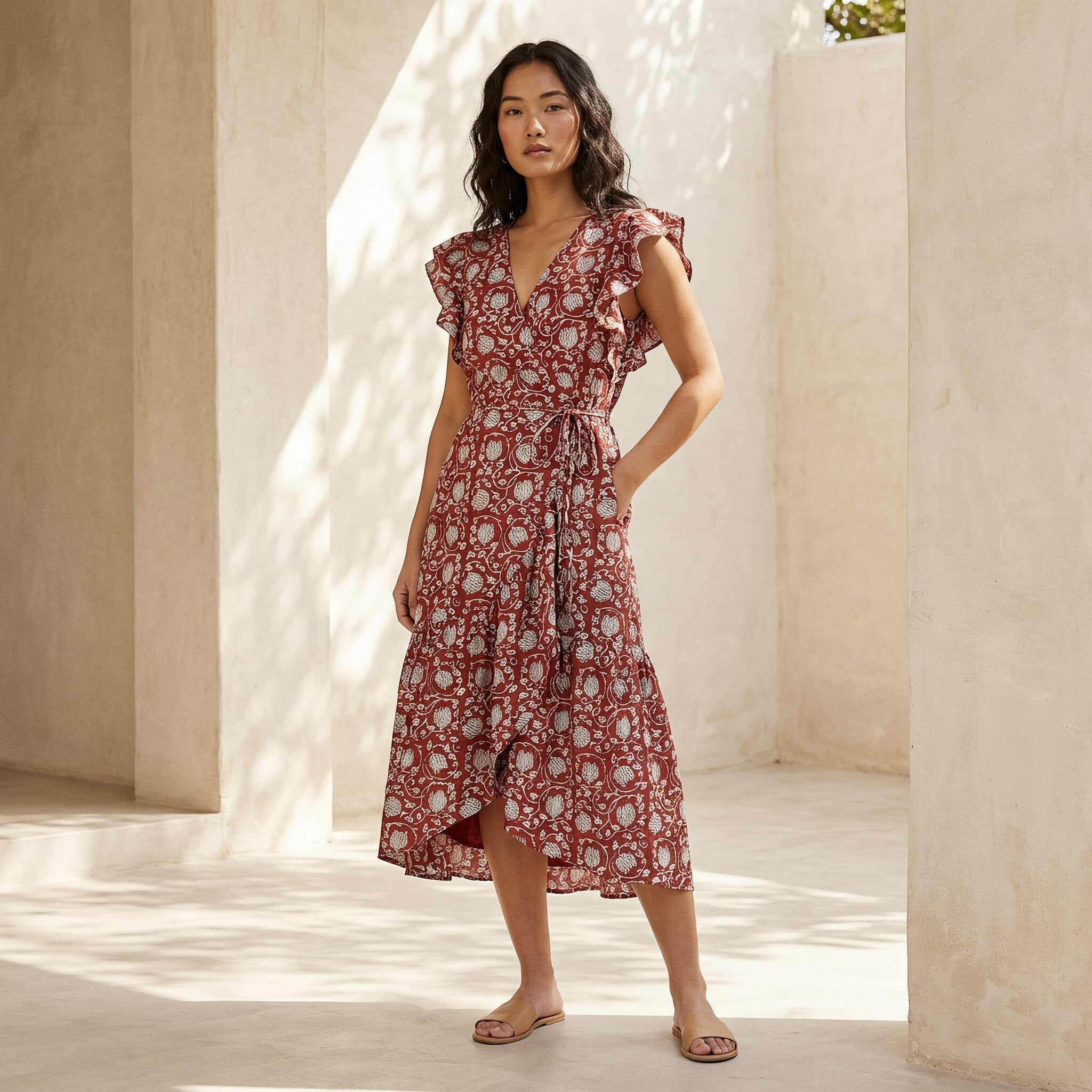 Red Floral Block Print Cotton Ruffle Midi Wrap Dress