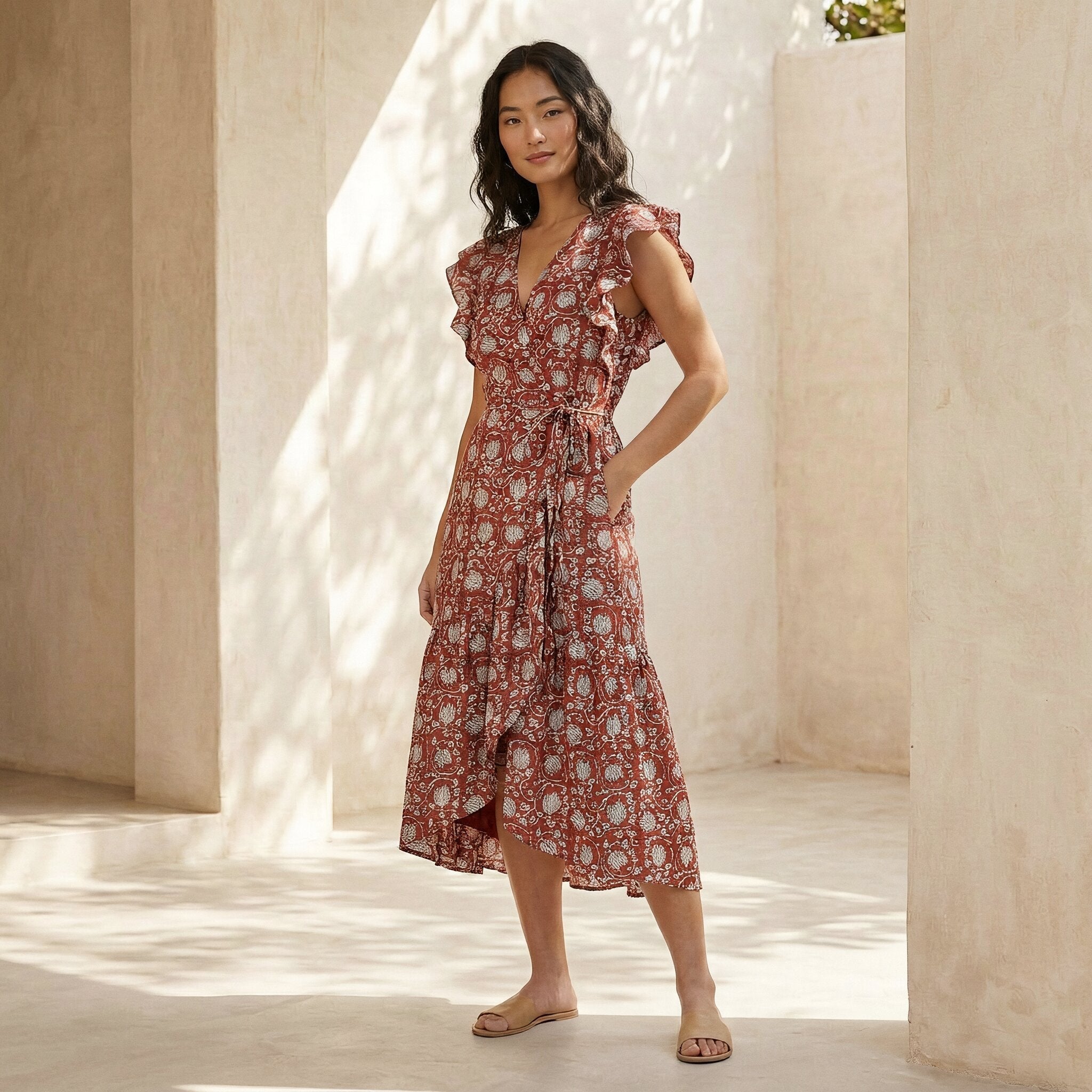 Red Floral Block Print Cotton Ruffle Midi Wrap Dress