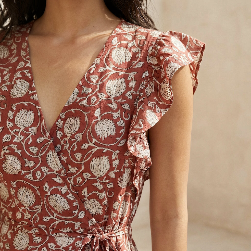Red Floral Block Print Cotton Ruffle Midi Wrap Dress