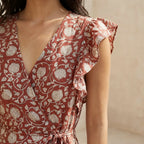 Red Floral Block Print Cotton Ruffle Midi Wrap Dress