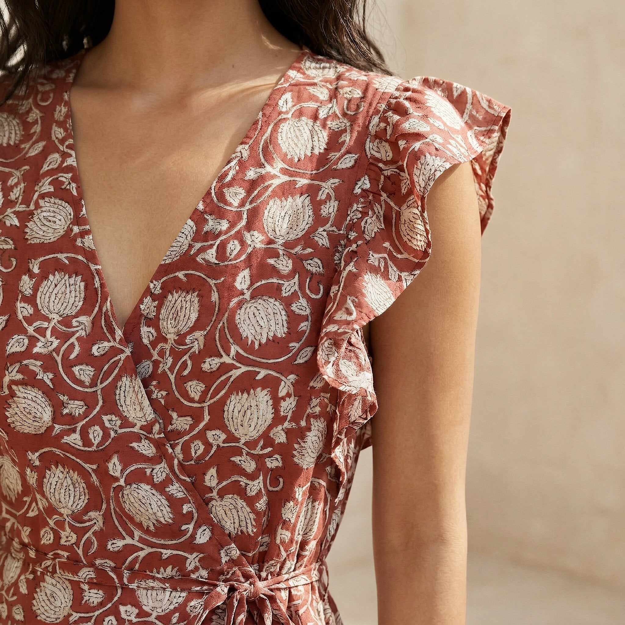 Red Floral Block Print Cotton Ruffle Midi Wrap Dress