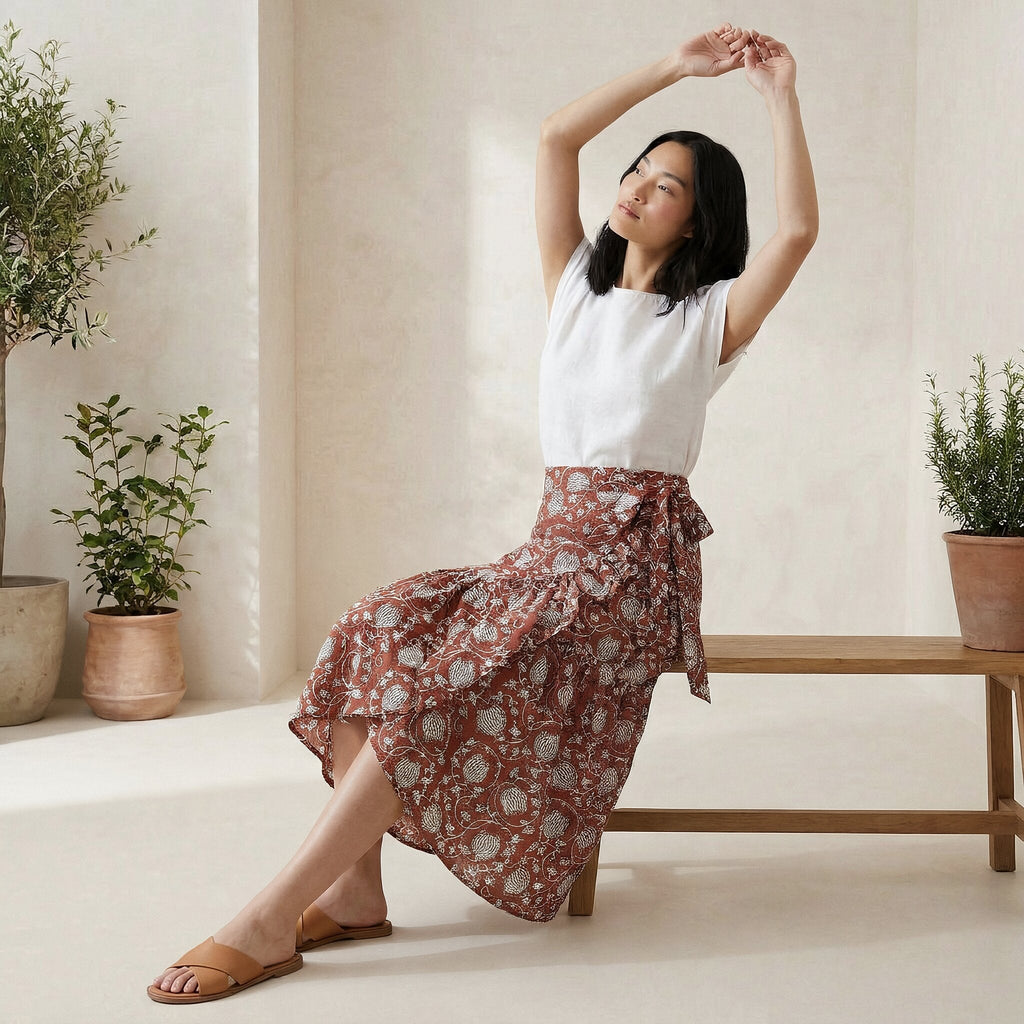 Red Floral Block Print Cotton Ruffle Midi Wrap Skirt