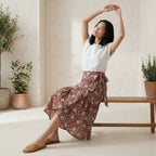 Red Floral Block Print Cotton Ruffle Midi Wrap Skirt