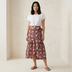 Red Floral Block Print Cotton Ruffle Midi Wrap Skirt