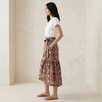 Red Floral Block Print Cotton Ruffle Midi Wrap Skirt