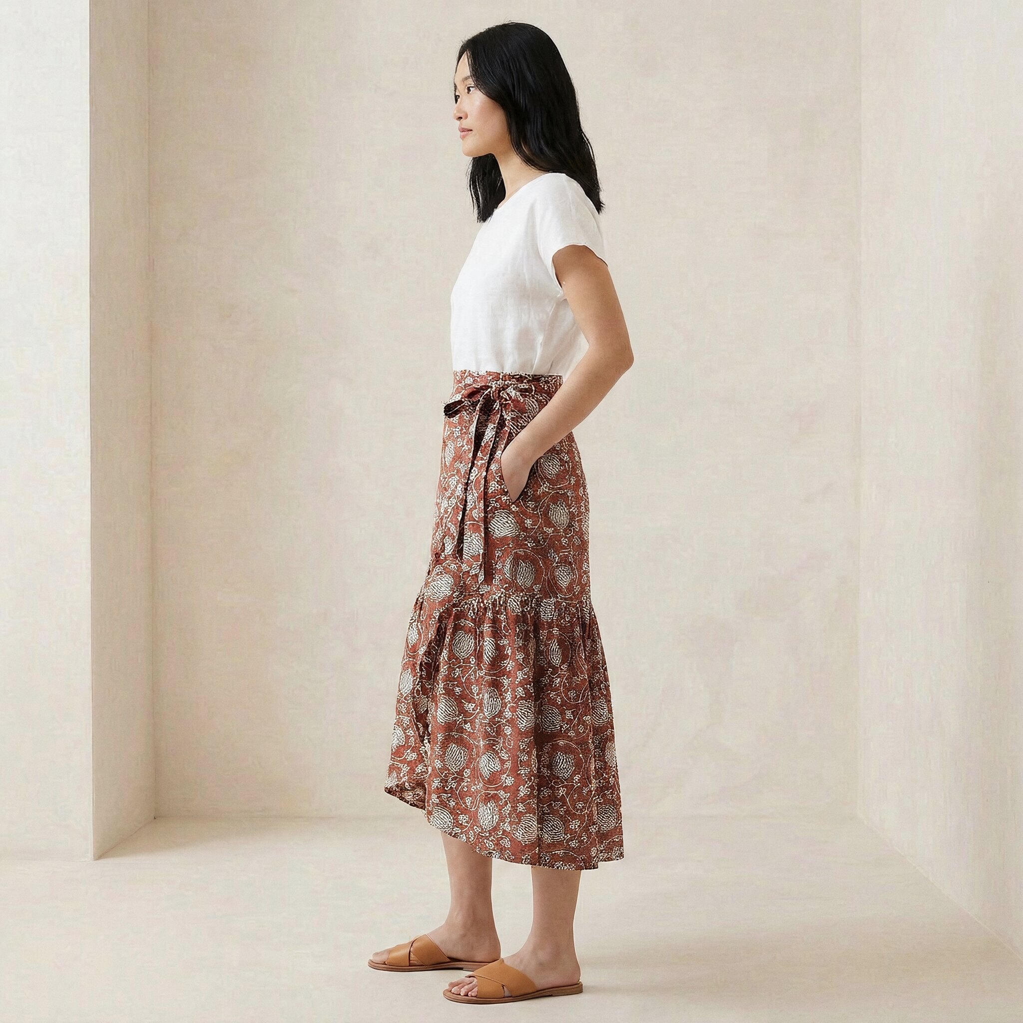 Red Floral Block Print Cotton Ruffle Midi Wrap Skirt