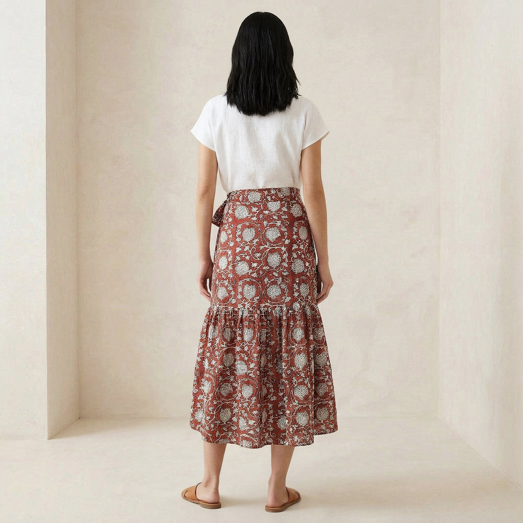 Red Floral Block Print Cotton Ruffle Midi Wrap Skirt
