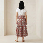 Red Floral Block Print Cotton Ruffle Midi Wrap Skirt