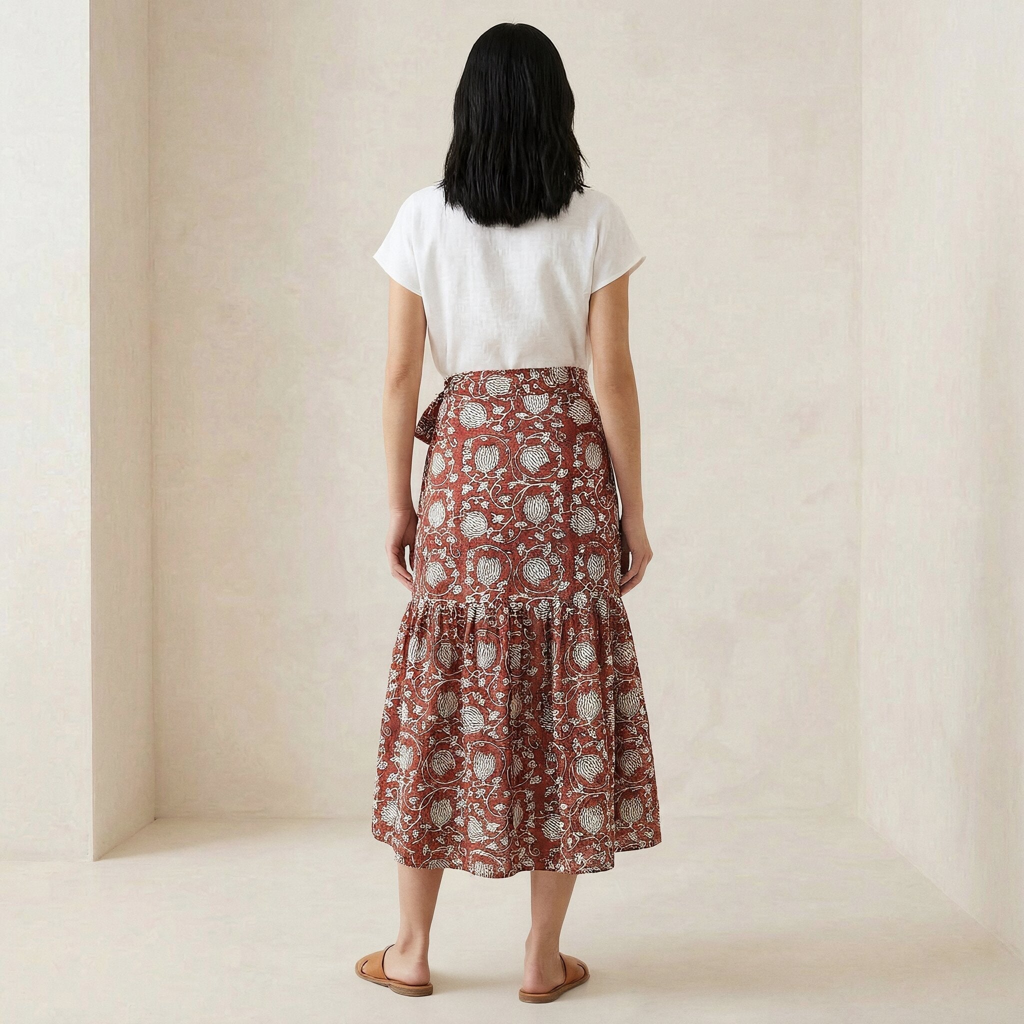 Red Floral Block Print Cotton Ruffle Midi Wrap Skirt