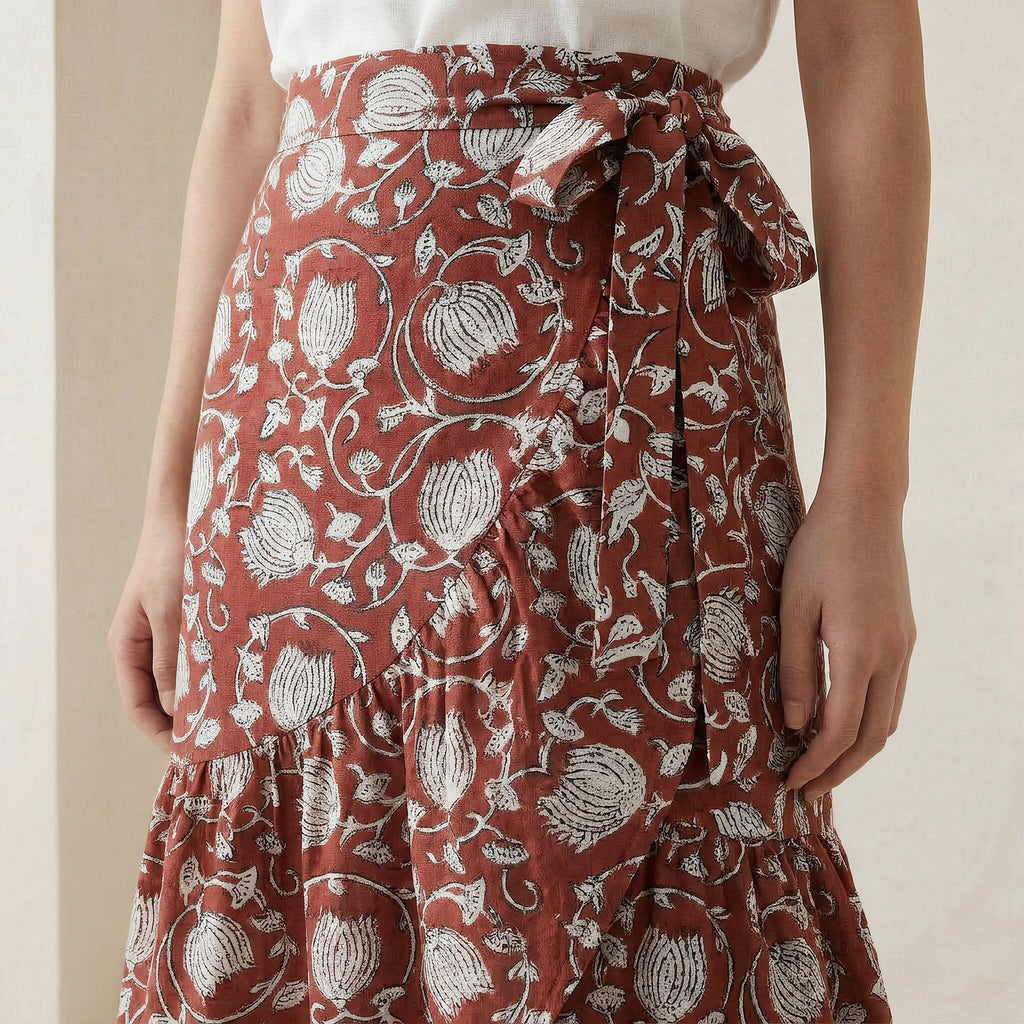 Red Floral Block Print Cotton Ruffle Midi Wrap Skirt