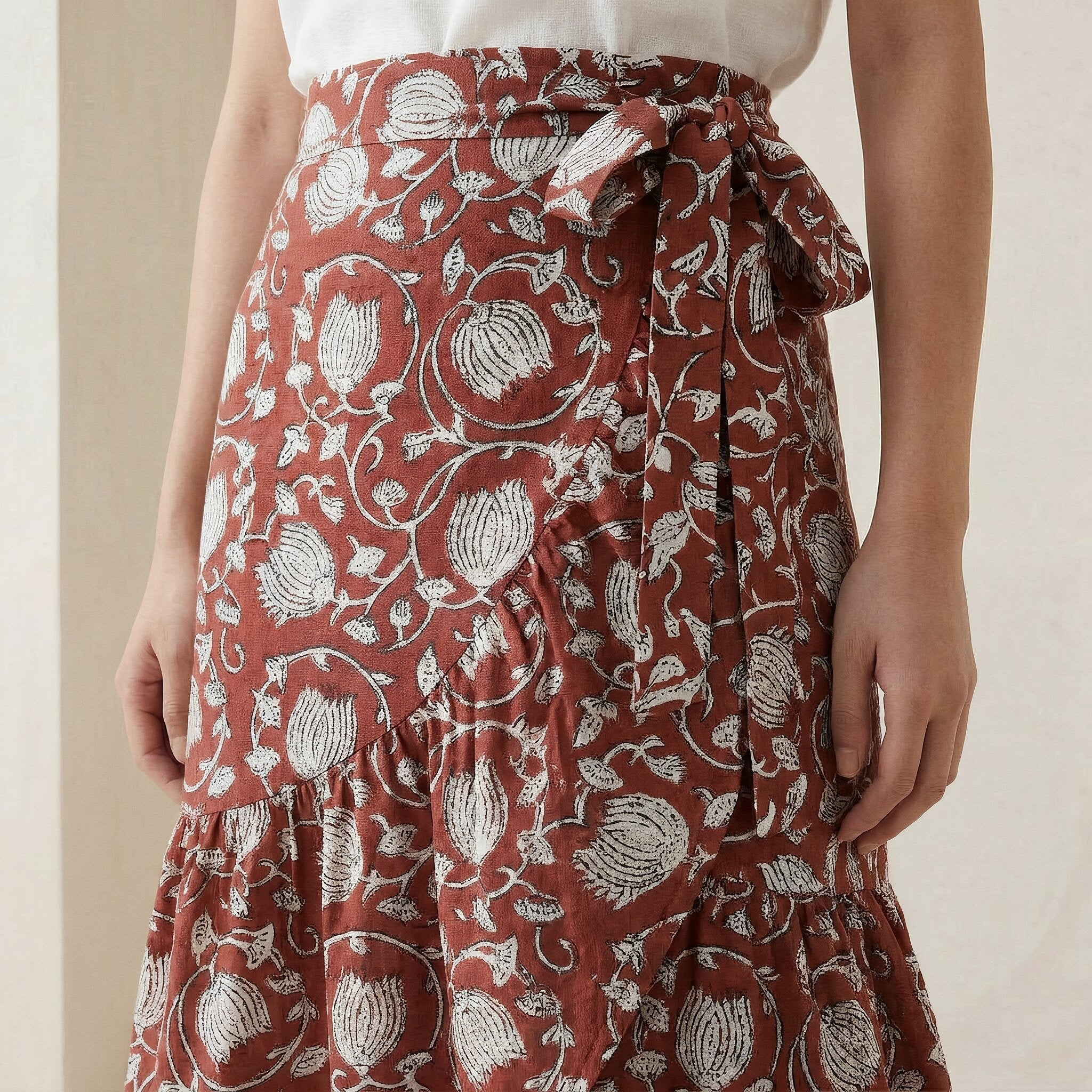 Red Floral Block Print Cotton Ruffle Midi Wrap Skirt