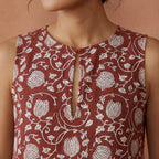 Red Floral Block Print Cotton Sleeveless A-Line Short Shift Dress