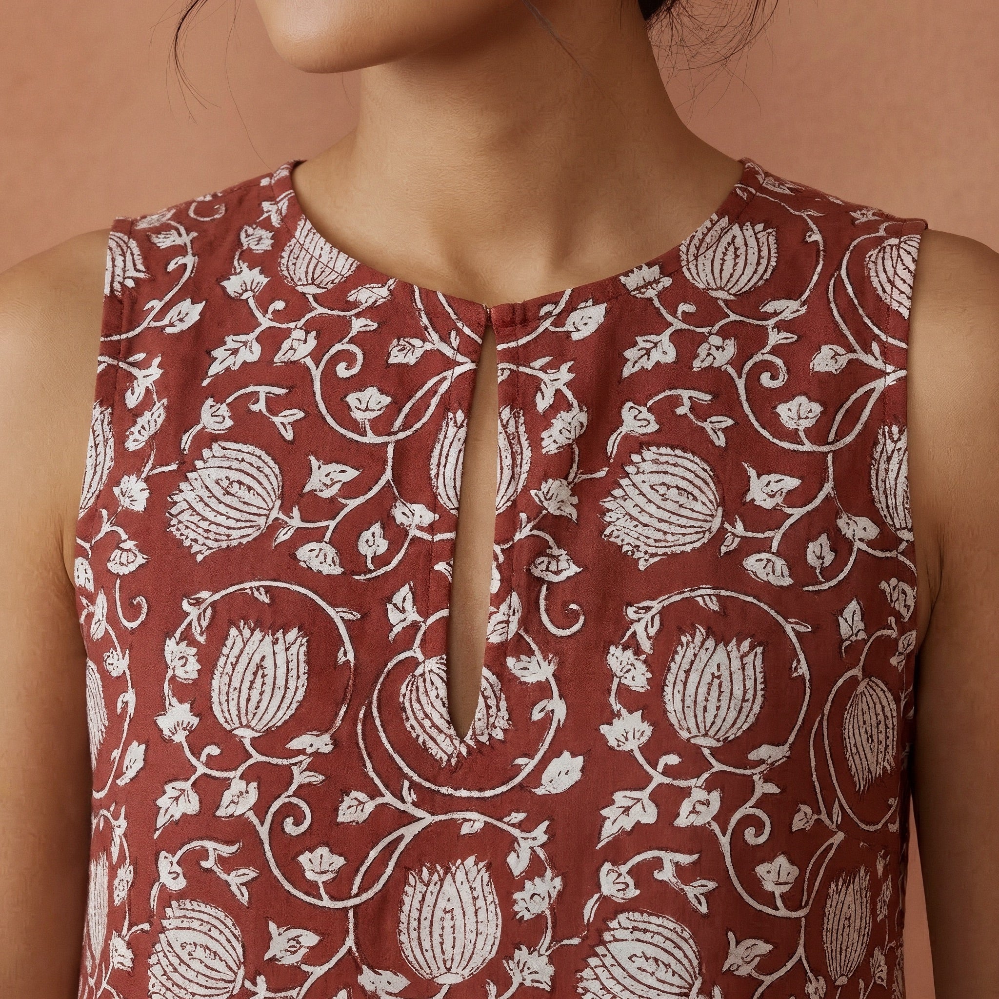 Red Floral Block Print Cotton Sleeveless A-Line Short Shift Dress