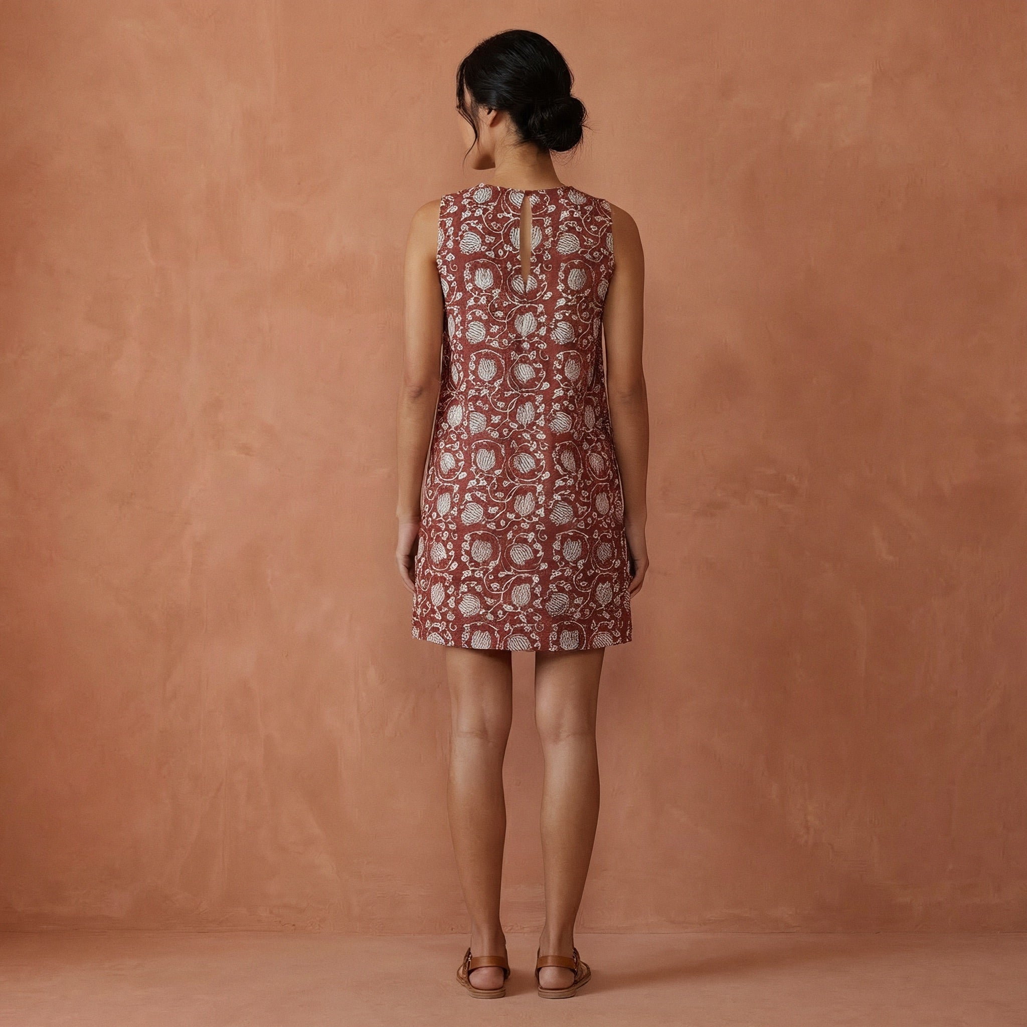 Red Floral Block Print Cotton Sleeveless A-Line Short Shift Dress
