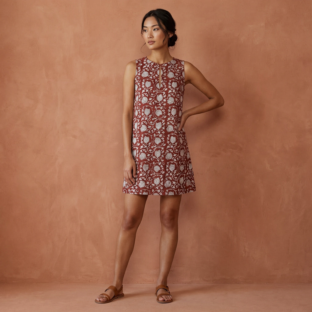 Red Floral Block Print Cotton Sleeveless A-Line Short Shift Dress