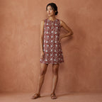 Red Floral Block Print Cotton Sleeveless A-Line Short Shift Dress