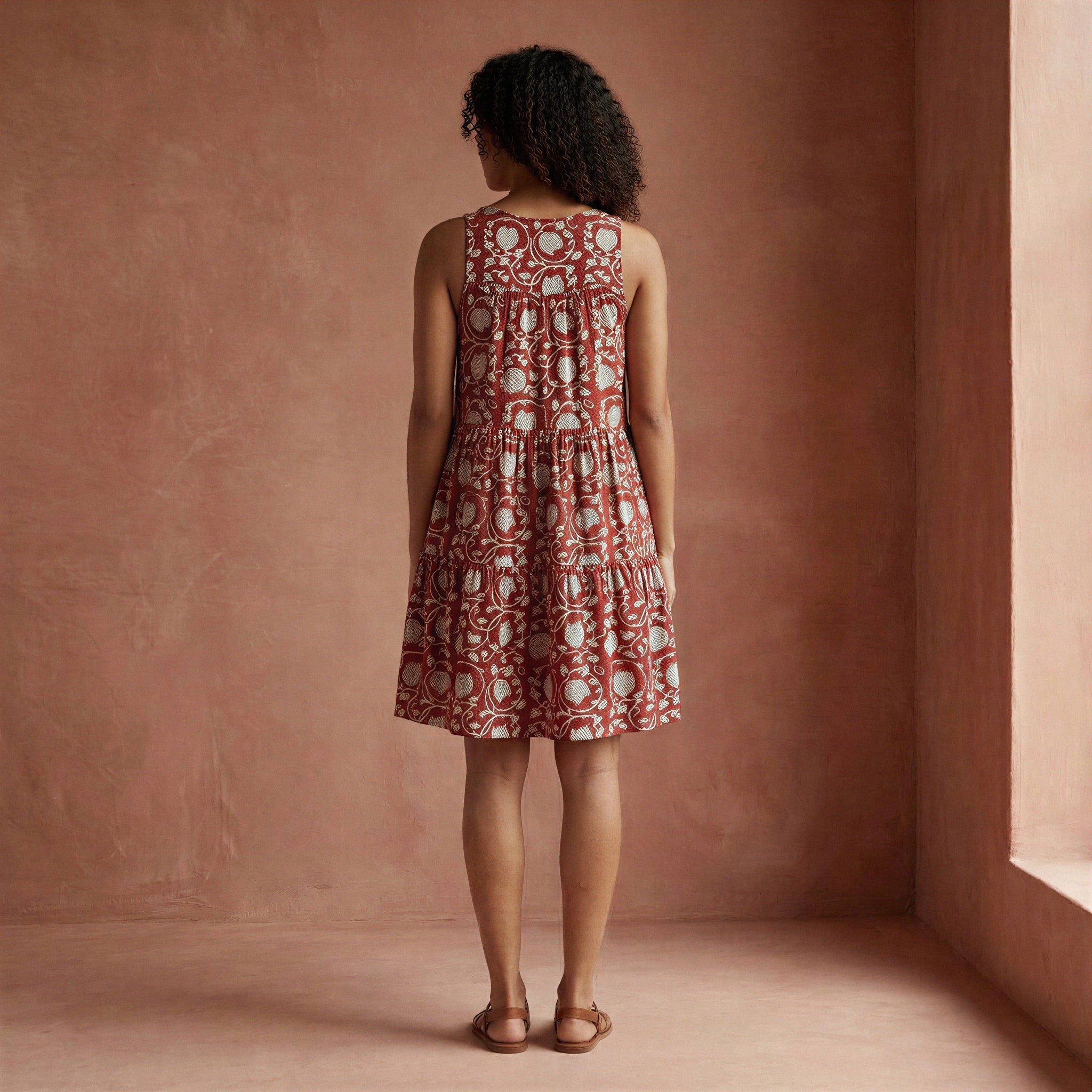 Red Floral Block Print Cotton Tiered Mini Sundress