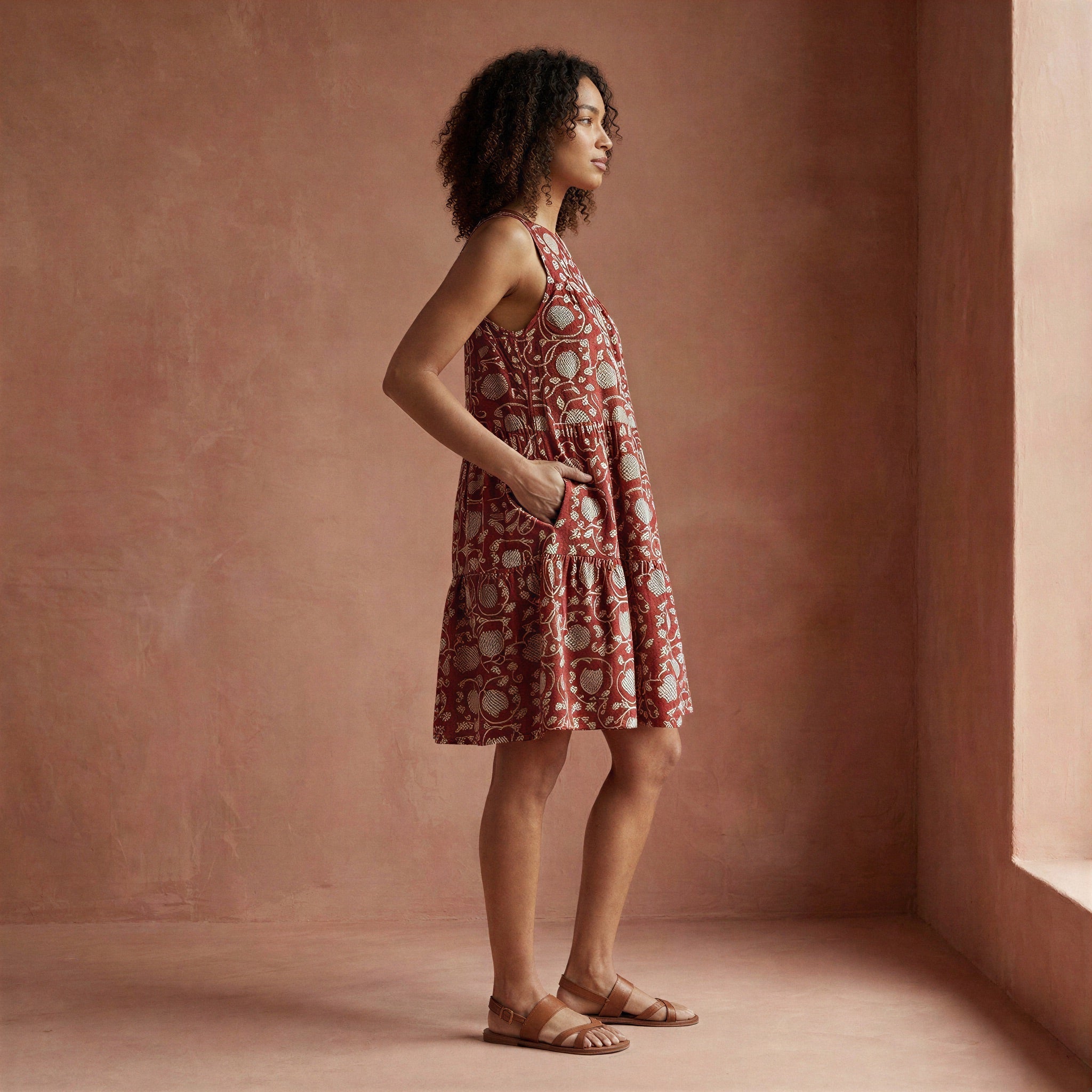 Red Floral Block Print Cotton Tiered Mini Sundress