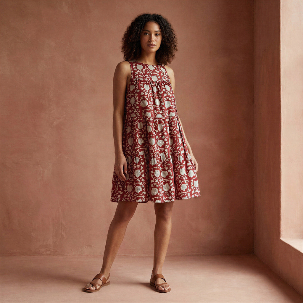 Red Floral Block Print Cotton Tiered Mini Sundress
