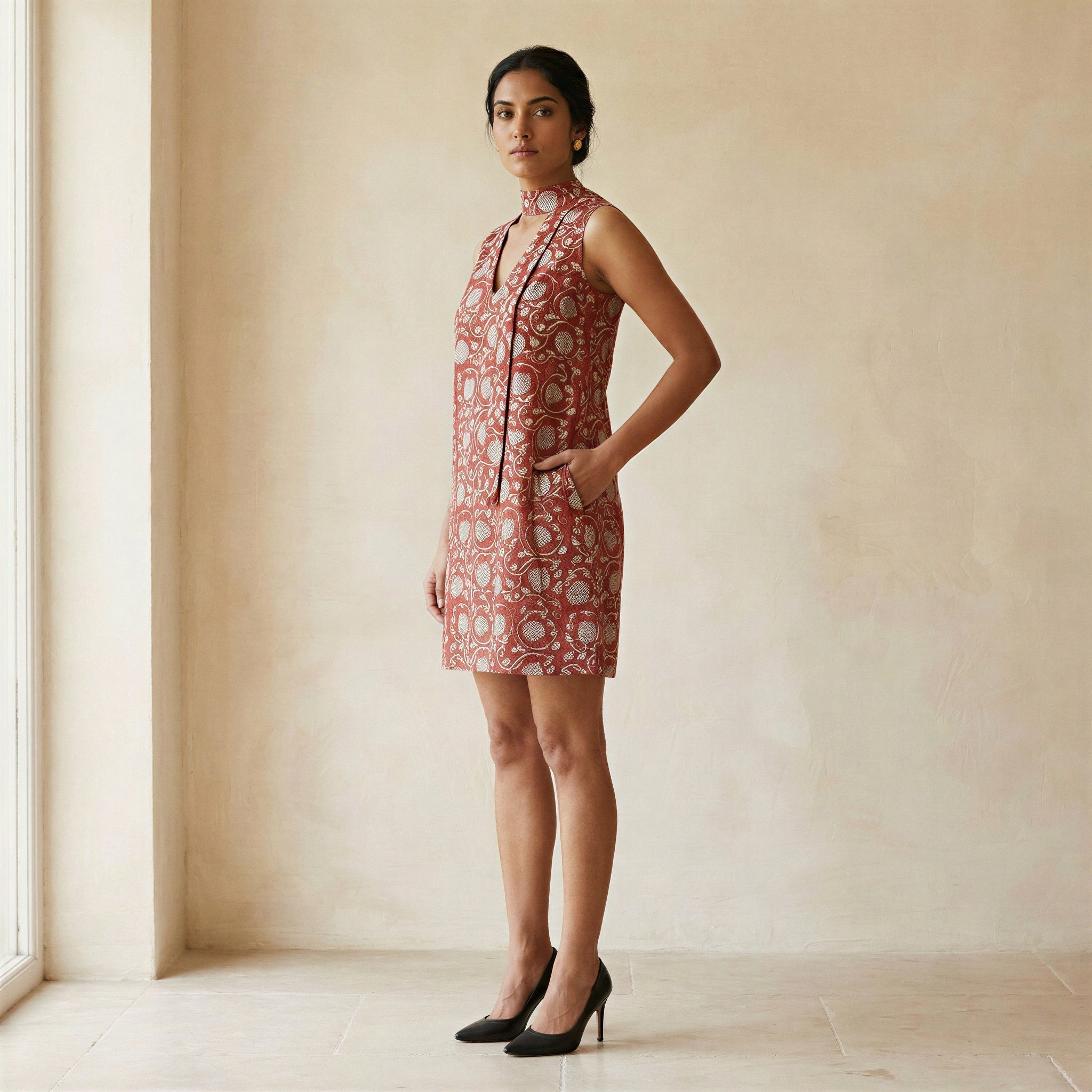 Red Floral Block Print Cotton V-Neck Short Shift Dress with Scarf-Belt