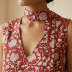 Red Floral Block Print Cotton V-Neck Short Shift Dress with Scarf-Belt