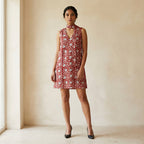 Red Floral Block Print Cotton V-Neck Short Shift Dress with Scarf-Belt
