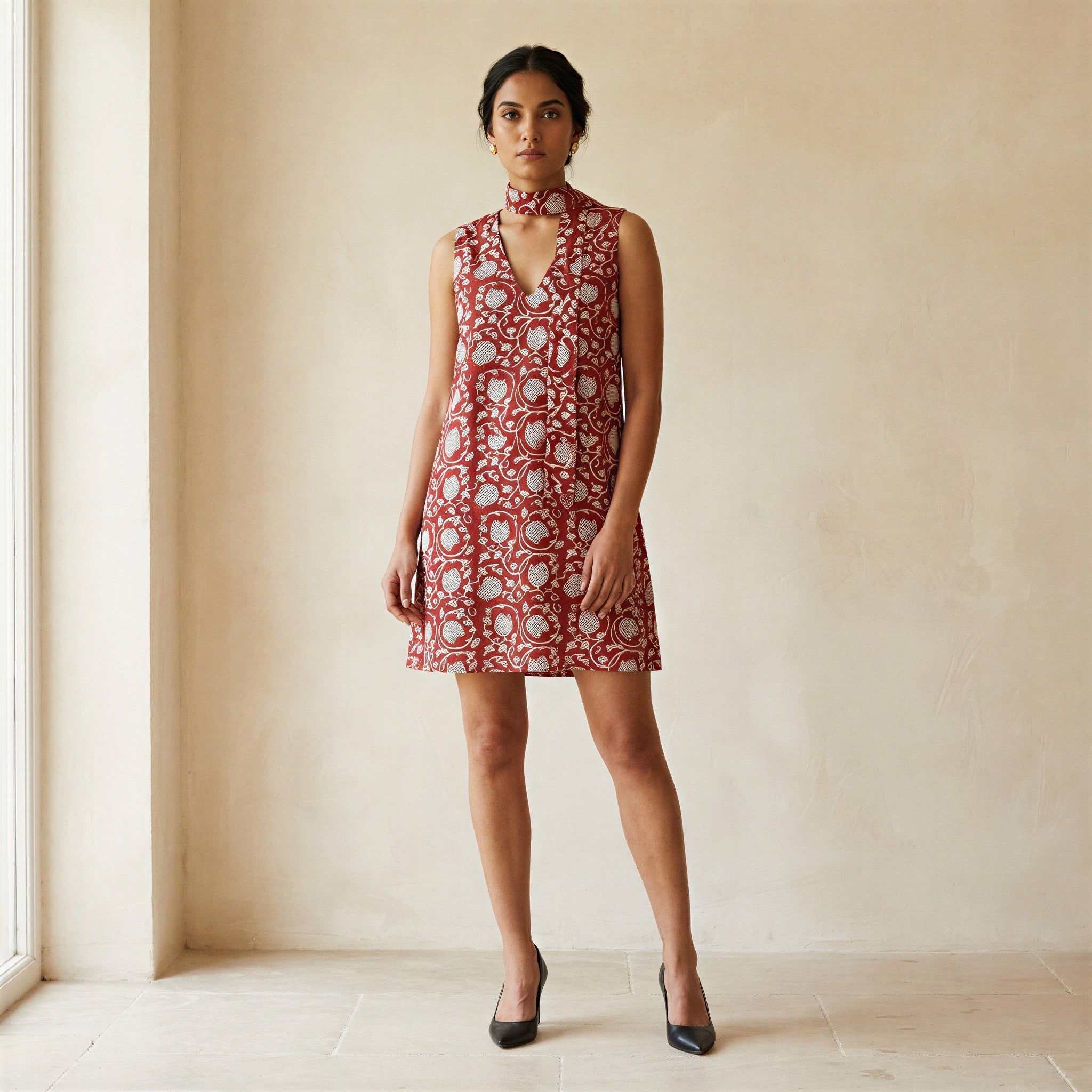 Red Floral Block Print Cotton V-Neck Short Shift Dress with Scarf-Belt
