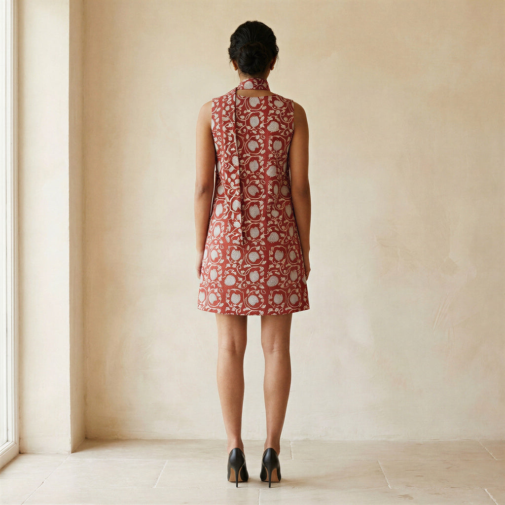 Red Floral Block Print Cotton V-Neck Short Shift Dress with Scarf-Belt