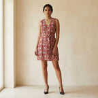 Red Floral Block Print Cotton V-Neck Short Shift Dress with Scarf-Belt