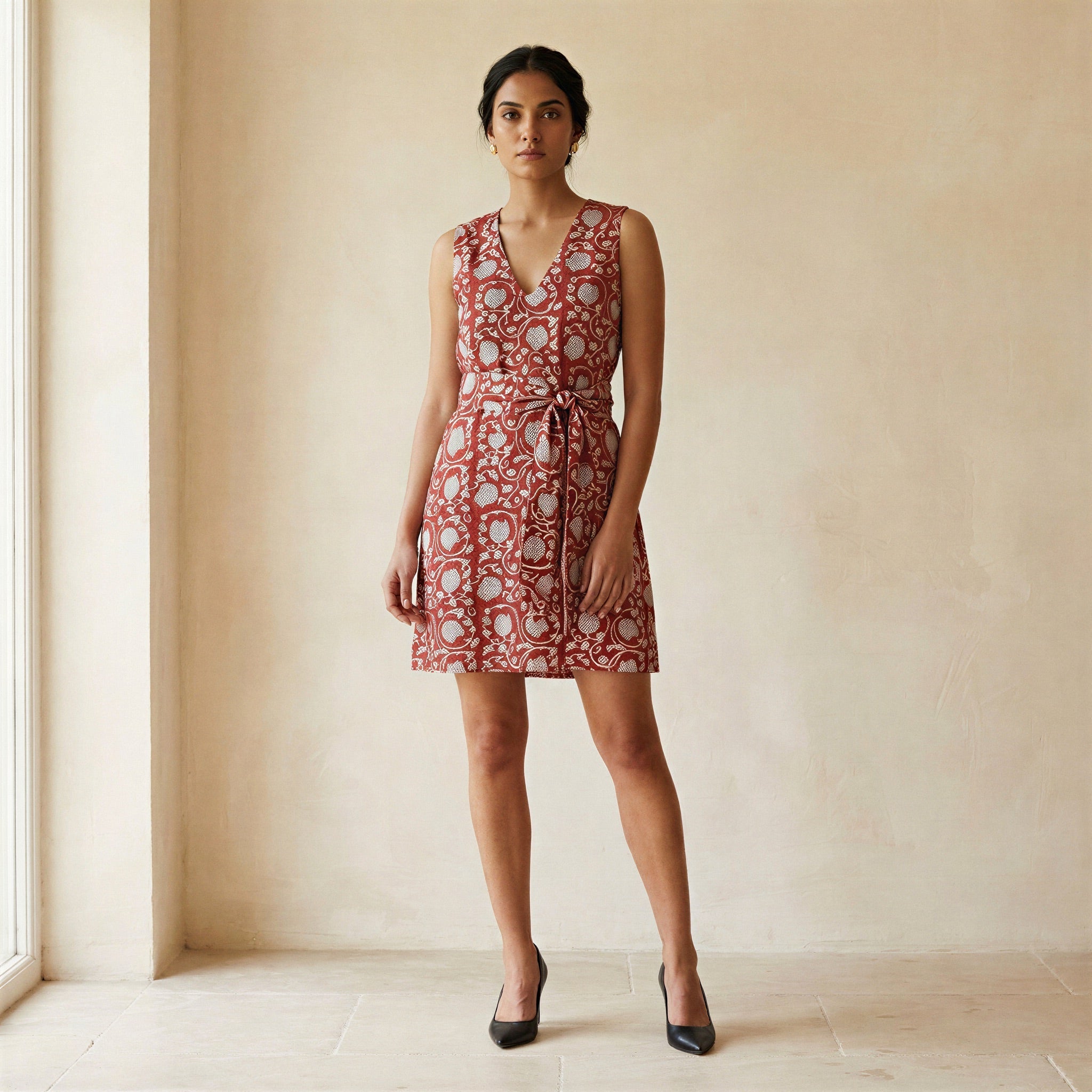 Red Floral Block Print Cotton V-Neck Short Shift Dress with Scarf-Belt