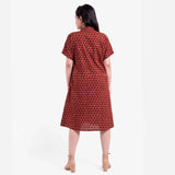 Back View of a Model wearing Red Floral Block Printed Cotton Knee Length Shirt Dress