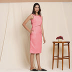 Right View of a Model wearing Red Knee Length Cotton Sheath Dress