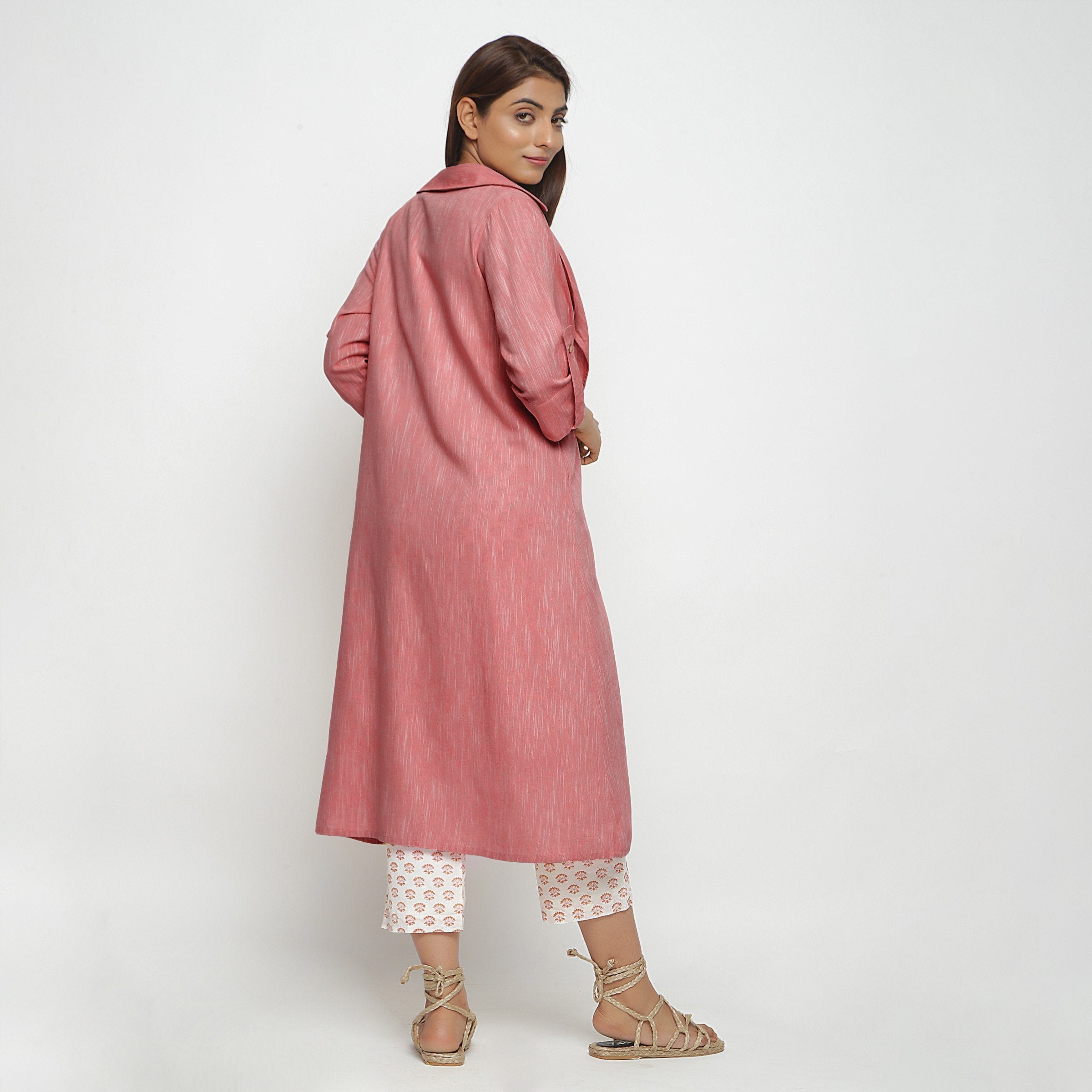 Back View of a Model wearing Red Lapel Collar Cotton Overlay