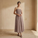 Red Leaf Block Print Cotton Ankle Length Flared Sundress