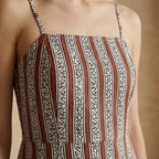 Red Leaf Block Print Cotton Ankle Length Flared Sundress