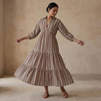 Red Leaf Block Print Cotton Deep-V Maxi Tier Dress