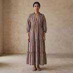 Red Leaf Block Print Cotton Deep-V Maxi Tier Dress