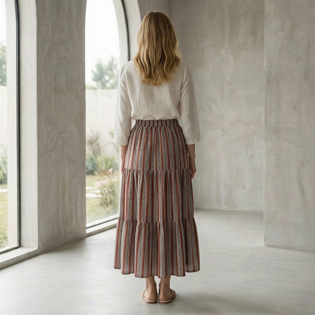 Red Leaf Block Print Cotton Elasticated Maxi Tier Skirt