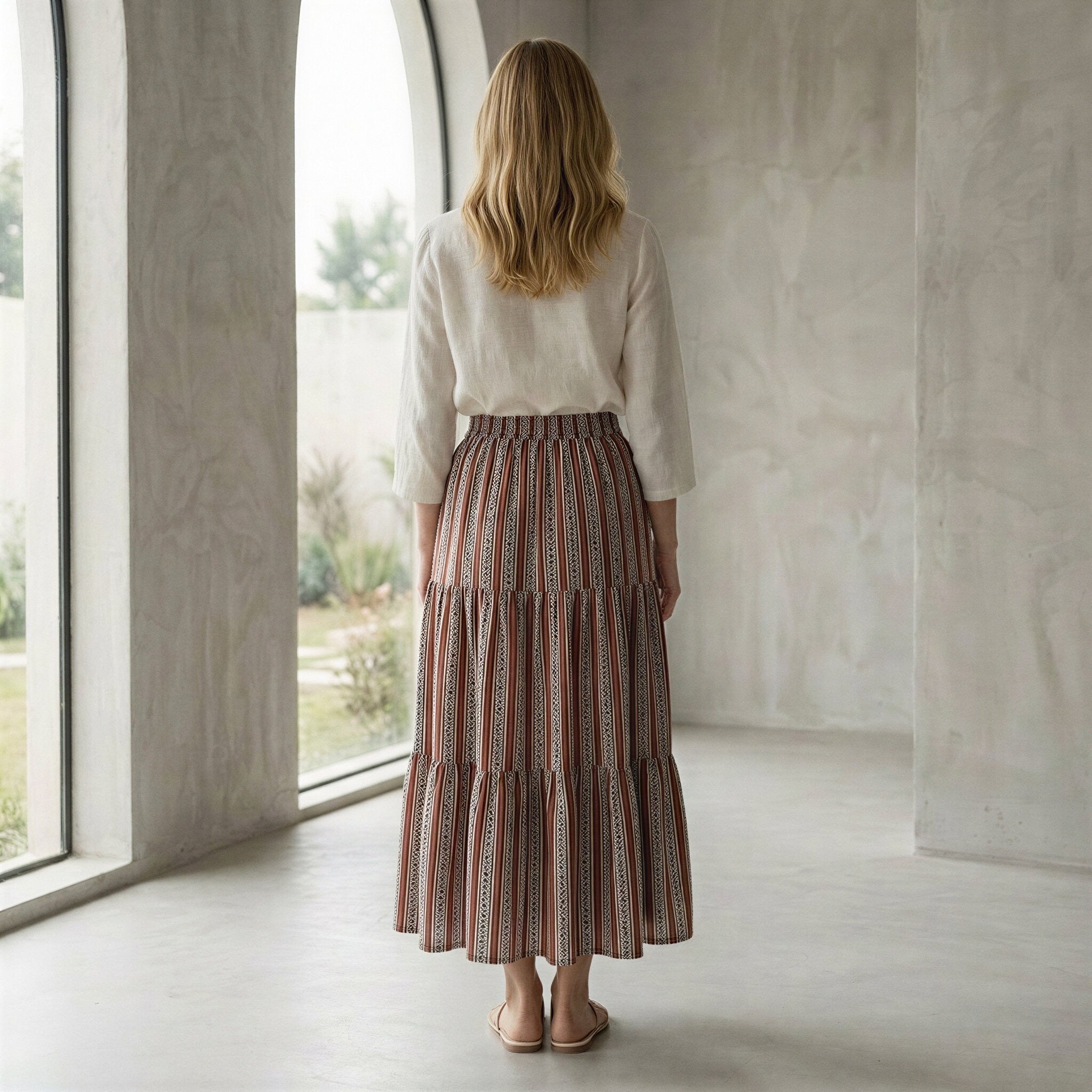 Red Leaf Block Print Cotton Elasticated Maxi Tier Skirt