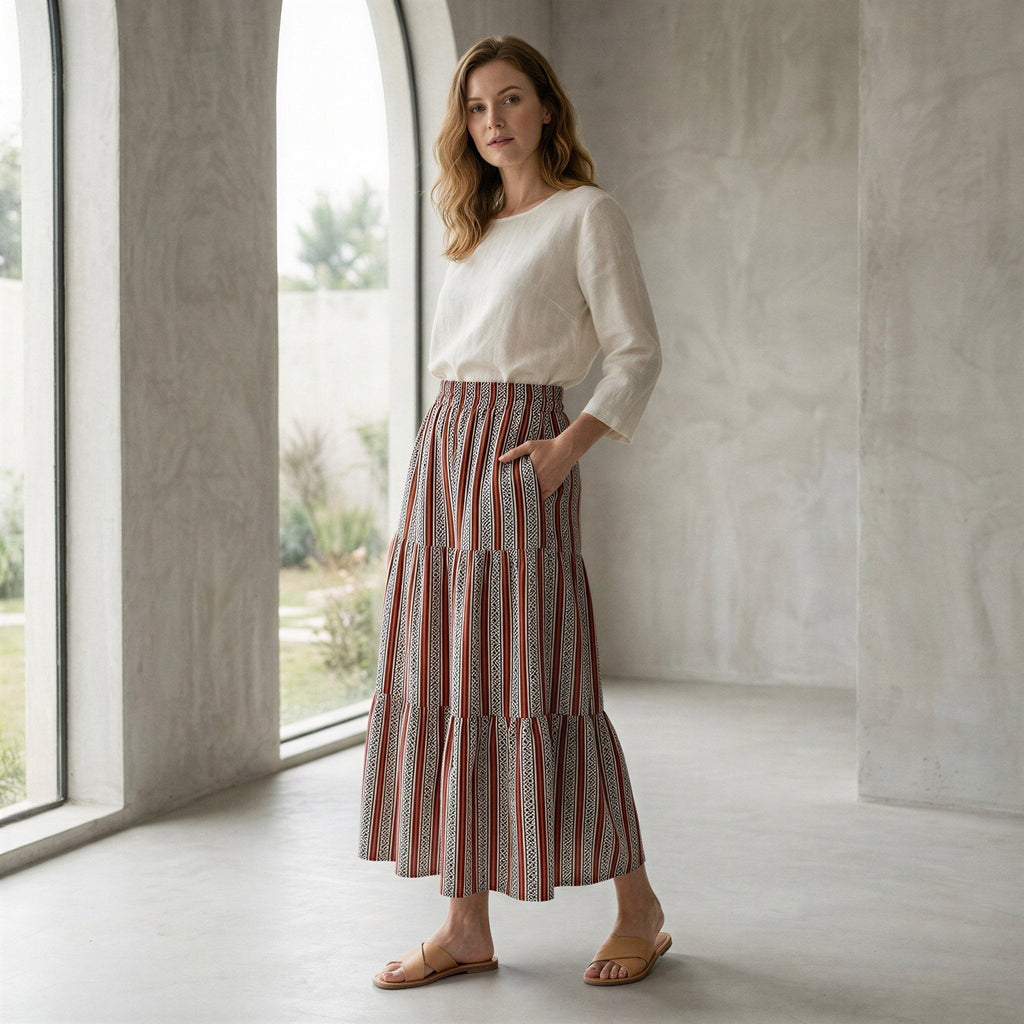 Red Leaf Block Print Cotton Elasticated Maxi Tier Skirt
