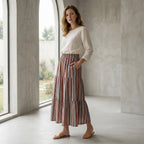 Red Leaf Block Print Cotton Elasticated Maxi Tier Skirt