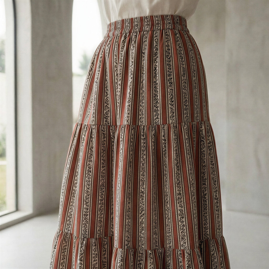 Red Leaf Block Print Cotton Elasticated Maxi Tier Skirt